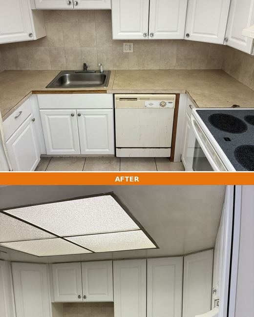 Quartz countertop, before and after